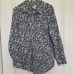 J. Jill Navy and White Patterned Button Down Shirt